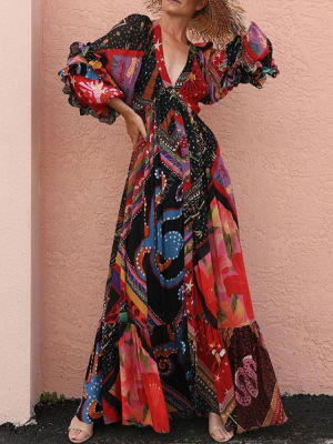 2022 Boho Printed Ruffled Maxi Dress y V-neck Bishop Sleeve Club Party Dresses Elegant Tunic Women Summer Clothing A1226