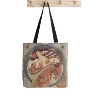 นักช้อป Alphonse Mucha พิมพ์ Tote กระเป๋าผู้หญิง Harajuku Shopper กระเป๋าถือตลกสาวไหล่ช้อปปิ้ง Lady Canvas Bag