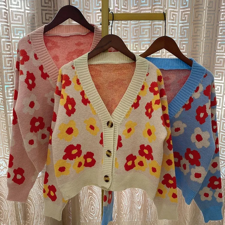 Women Y2K Floral Print Knit Cardigan Sweater Long Sleeve V Neck Button Down  Swea