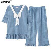 Capris Women Pajamas Princess Style Cotton Summer Navy Collar Pyjamas Asian Size Bow Sky Blue Kawaii Pajamas Korean Youth Pj Set