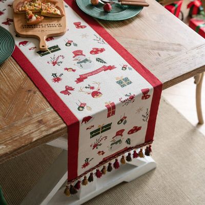 Christmas Table Runner with Tassels Yarn-dyed Jacquard Xmas Snowman Table Cloth Table Runner for Dining Home Table Decoration