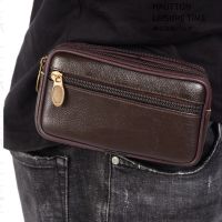 Men Belt Bags Mobile Phone Pouch Classic Texture Fanny Pack Cowhide Leather Waist Bag