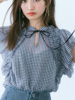 2022 Springsummer Plaid Shirt Women Bow Tie Ruffled Sleeve Blouse New Lace Short Sleeve Chiffon Top Japan Style Ladies Tops