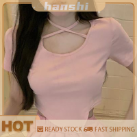 hanshi [2023 new HOT FASHION] lazlook เสื้อยืดลำลองเอวสูงสำหรับผู้หญิงใหม่สีชมพูแบบไม่สม่ำเสมอใหม่ฤดูร้อน