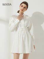 Wixra Lace Up Dresses Womens Turn-Down Collar Empire White Short Clothing Cotton Shirts Summer Autumn