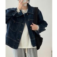 HOT14★Streetwear กางเกงยีนส์สีน้ำเงินเข้มผู้หญิงเก๋ไก๋หลวม BF สไตล์ขนาดใหญ่ Veste En Jean Wash คาวบอย Outerwear ปุ่ม Denim Coat