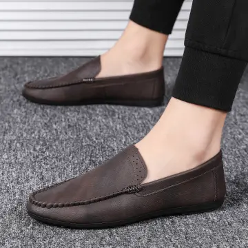 Mens black leather hot sale slip on loafers