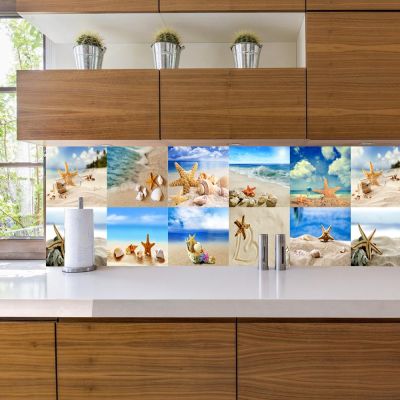 ❁☃ 10/15cm Beach Scenery Shell Starfish Tiles Sticker Kitchen Backsplash Cupboard Home Decor Self-adhesive Waterproof Wall Decals