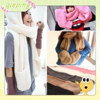 QIEPING Cute Long Winter Pocket Gloves Hats Plush Velvet Hooded Scarf 3 In 1