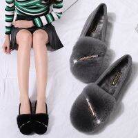 HOT★กระต่ายขนสัตว์รองเท้าผู้หญิง Plush รองเท้า Furry Loafers หญิงขนาดใหญ่คริสตัลรองเท้าแตะ Femmes จริงรองเท้าผ้าฝ้าย Fleeces Flats