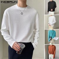 Incerun เสื้อท็อปคอกลมแขนยาวสไตล์เรียบง่ายแฟชั่นสําหรับผู้ชาย