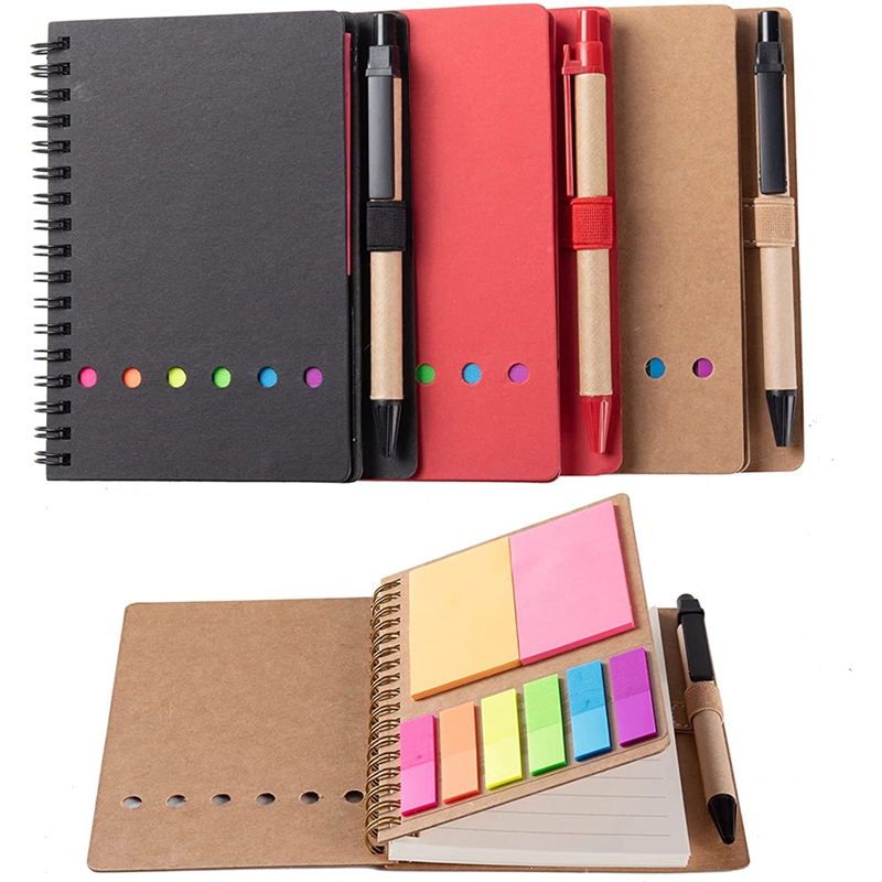 Sticky Colored Notes Page Marker Tabs Green Cover Maxdot 4 Pieces Kraft Paper Steno Pocket Business Notebook Spiral Lined Notepad Set with Pen in Holder 