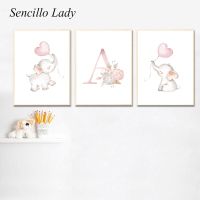 Personalised Pink Floral Letter Nursery Poster Elephant Animal Canvas Art Painting Print Wall Picture Baby Girl Bedroom Decor