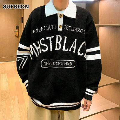 ☸ hnf531 SUPEEON丨Mens vintage polo neck sweater street hip hop casual knit top mens loose thermal sweater