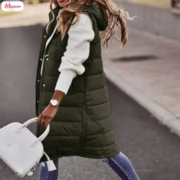 Tanming Women's Long Puffer Vest Cotton Sleeveless Puffy Jacket with  Removable Hood