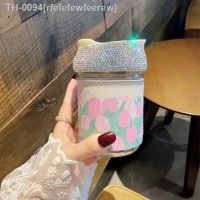 ✆☊๑ rfefefewfeerew Tulipa teste padrão de flor caixa couro copo água palha vidro strass portátil beber suco leite café caneca bonito 420ml