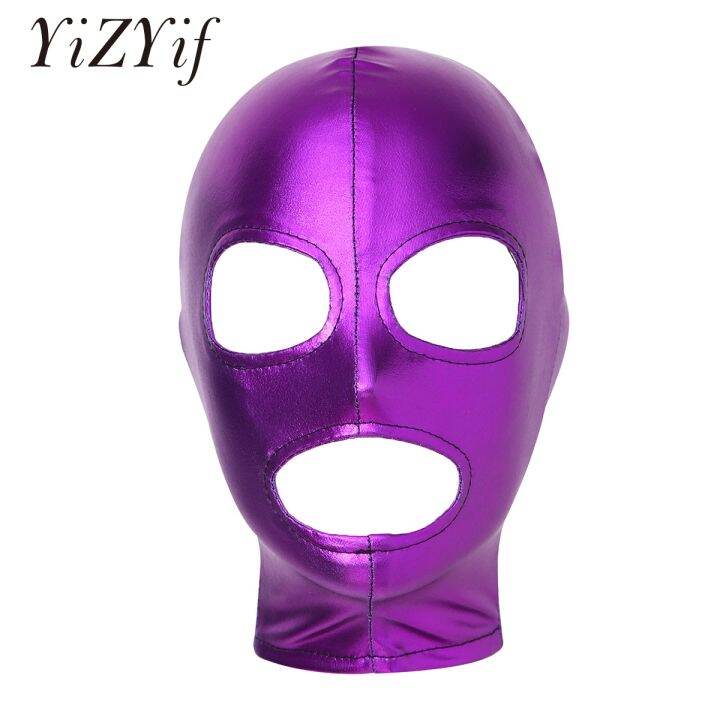 Unisex Mens Womens Full Face Mask Latex Head Mask Shiny Metallic Open