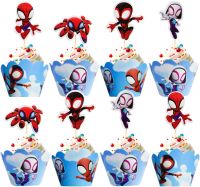 24Pcs Spidey และเพื่อนที่น่าตื่นตาตื่นใจของเขา Cupcake Topper และ Cupcake Wrapper สำหรับเค้กวันเกิดตกแต่งเด็กปาร์ตี้เค้ก Flags