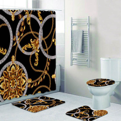 Luxury Black Gold Baroque Shower Curtain Set Modern Golden Damask Long Bathroom Curtains Bath Mats Rugs Accessories Home Decor