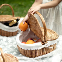 2021Wicker Handmade Woven Rattan Basket With Handle And Double Lids Camping Picnic Food Storage Container For Camping