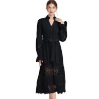 Womens Autumn New Dress Heavy-Duty Design Plain Dress Fashion Stand Collar Long Sleeve Waist Hollow Lace Dress