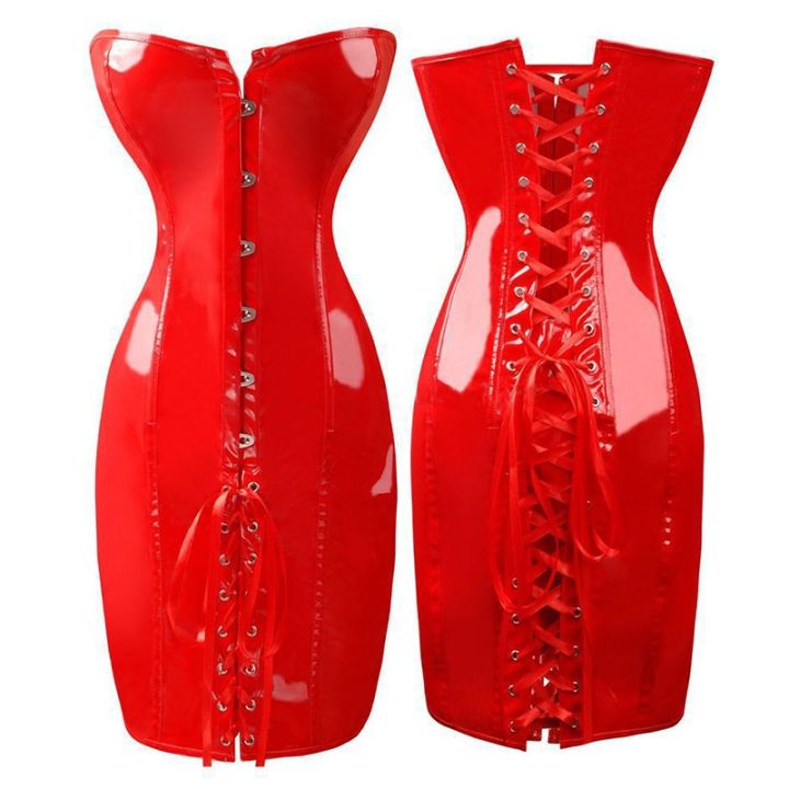 Gothic Womens Sexy Wetlook Pvc Faux Leather Corset Dress Long Black Red Shape Body Slim Bustiers 