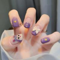 [COD] Wearable manicure pieces finished fake nail purple rabbit bow short detachable patch stickers