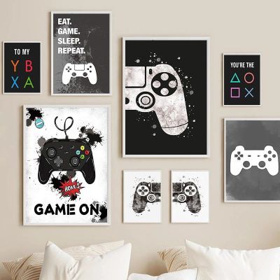 ☎✜ Blue Gaming Room Gamepad บทคัดย่อโปสเตอร์ภาพวาดผ้าใบและพิมพ์ภาพผนังศิลปะ Gamer ของขวัญเด็กตกแต่งห้อง