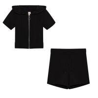 เครื่องแต่งกายสตรี2ชิ้น/เซ็ตชุดสีทึบแขนสั้นซิปรูด Baju Atasan Olahraga คาร์ดิแกนแบบแฟชั่นสวมใส่สบายเสื้อยืดมีฮู๊ดกางเกงแบบสองชิ้นสั้นชุดกีฬา2ชิ้น/เซ็ตใส่สบาย