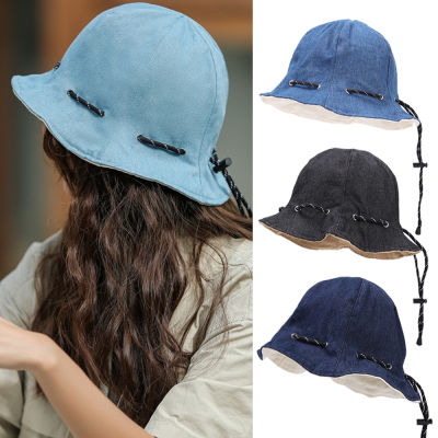หมวกชาวประมงญี่ปุ่นแบบมีเชือกผูกอเนกประสงค์กระเป๋าสะพายพับได้ครีมกันแดดน่ารักลำลองสดใสสองด้าน