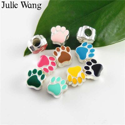 Julie Wang 40PCS Mix 10 Colors Enamel Pet Cat Dog Paw Footprint Beads For European Charms Bracelet Jewelry Making Accessory