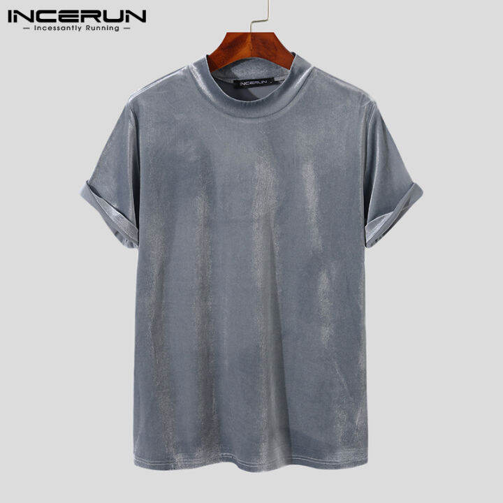 incerun-เสื้อทีเสื้อเชิ้ตแขนสั้นคอสูงสำหรับผู้ชายเสื้อแนวฮิปฮอปเสื้อเชิ้ต-ลดล้างสต๊อก