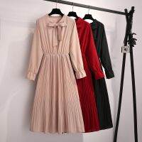 ready stock Women Chiffon Dress 2020 Spring Summer New Fashion Female Long Sleeve Solid Casual Pleated Dresses