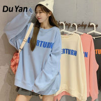 Du Yan เสื้อฮู้ดและเสื้อสเวตเตอร์สำหรับผู้หญิง,เสื้อสเวตเตอร์สวมหัวพิมพ์ลายตัวอักษรทรงหลวมแบบลำลองสีฟ้ายาวปานกลางเสื้อแจ็คเก็ตสวมหัว