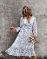 2021ATUENDO Autumn Fashion Long Sleeve Blue Dress for Women Boho Wedding Guest Lady Long Dresses Bohemian Sexy High Waist Maxi Robe