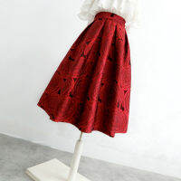 Spring Autumn Hepburn Vintage Elegant Women Red Y2k R Floral Aesthetic Jacquard High-waisted Long A-line Pleated Skirt