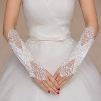 ﹍☽ White Lace Long Fingerless Wedding Accessory Eblow Length Satin Bridal Party Gloves with Sequins