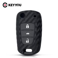 KEYYOU ที่ IX35 I30สำหรับฮุนได,K5 K2สำหรับ Kia เคสกุญแจรถซิลิโคนคาร์บอนไฟเบอร์ฝาครอบป้องกันกุญแจรถยนต์พับได้3ปุ่ม