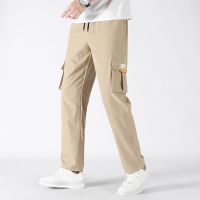 New Spring Autumn Solid Color Fashion Straight Pants Man Elastic Waist Pockets Cargo Trousers Casual Loose Mens Clothing