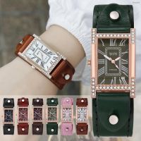 ⌚ นาฬิกาแฟชั่น⌚ The new leather strap costly diamond square dial quartz watch fashion women of wrist Rome