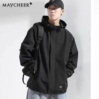 MAYCHEER เสื้อแจ็คเก็ตนักจู่โจมสำหรับผู้ชายแจ็คเก็ตลำลองกันน้ำกันลมสำหรับฤดูใบไม้ผลิแจ็คเก็ตคาร์โก้สีดำสำหรับเล่นกีฬากลางแจ้งสำหรับผู้ชาย