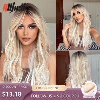 【jw】ﺴ  Wavy Synthetic Wigs Blonde Ombre with Bangs for Hair Resistant