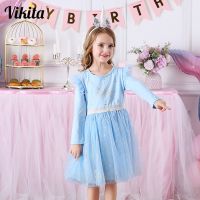 VIKITA Girl Christmas Dress Kids Autumn Winter Costumes Girl Long Sleeve Blue Vestidos Elsa Anna Sequins Dress Children Clothing