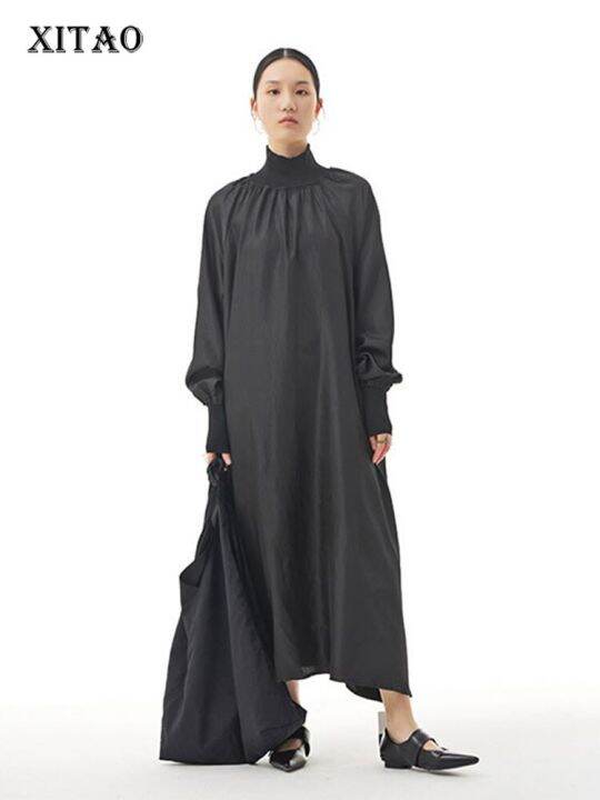 xitao-dress-solid-color-casual-turtleneck-collar-goddess-fan-full-sleeve-loose-dress