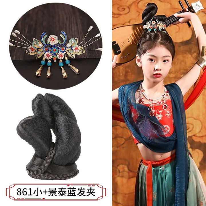 hot-เด็ก-dunhuang-feitian-dance-wig-การแสดงผ้าโพกศีรษะการแสดงเต้นรำ-pipa-มวยสไตล์แปลกใหม่กระเป๋าสไตล์โบราณ