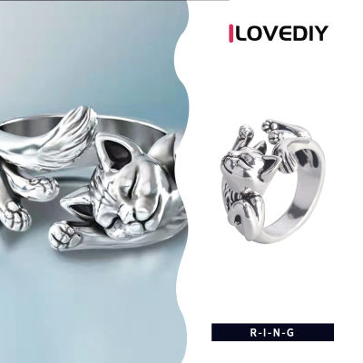 ILOVEDIY แหวนแมวพังค์ย้อนยุคเครื่องประดับแหวนผ่าปรับขนาดได้สำหรับผู้ชายผู้หญิง