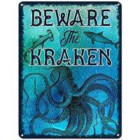 ระวังคราเคนป้ายดีบุกของตกแต่งโอเชี่ยนธีมทะเลหนวดปลาหมึกปลาหมึกสัตว์ทะเลในตำนานสัตว์ทะเลศิลปะบนผนังและของขวัญ