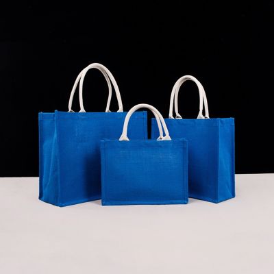 Large Capacity Blue Burlap Tote Bag Shopping Bag Portable Eco friendly Storage Organizer Unisex Student Handbag Shoulder Bag