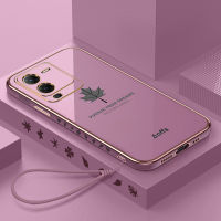 เคสด้านหลังเป็นป้องกันซิลิโคนนิ่มสำหรับ Vivo V25 Pro สายคล้องแบบมีเคสเคลือบ6D เงางามกันชนสี่เหลี่ยมใบเมเปิลเคสโทรศัพท์