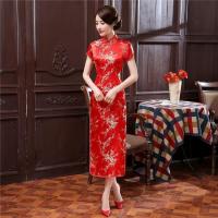 Chinese Traditional Dress Flower Print Elegant Short Sleeve Cheongsam Stand Collar Long Bodycon Cheongsam Women Qi Pao Vintage